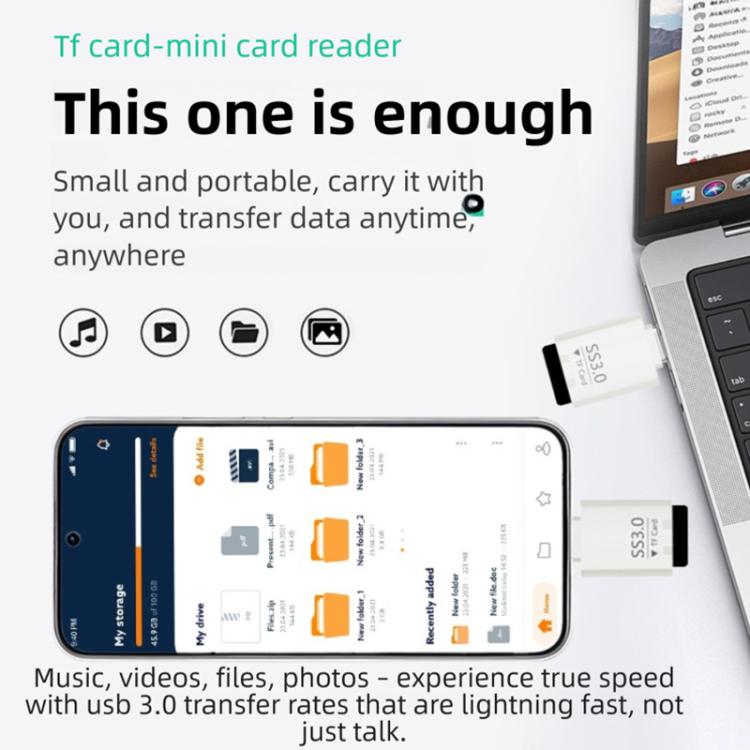 Type-C to TF Card Mini Super Speed USB3.0 Card Reader - White