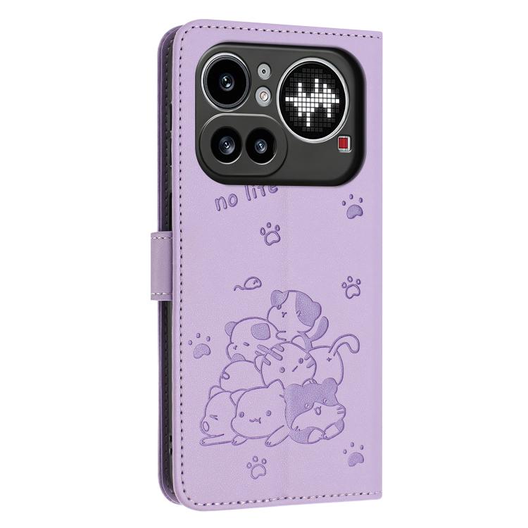 For Nothing Phone 4a Pro Embossed Kitten Phone Leather Case with Lanyard