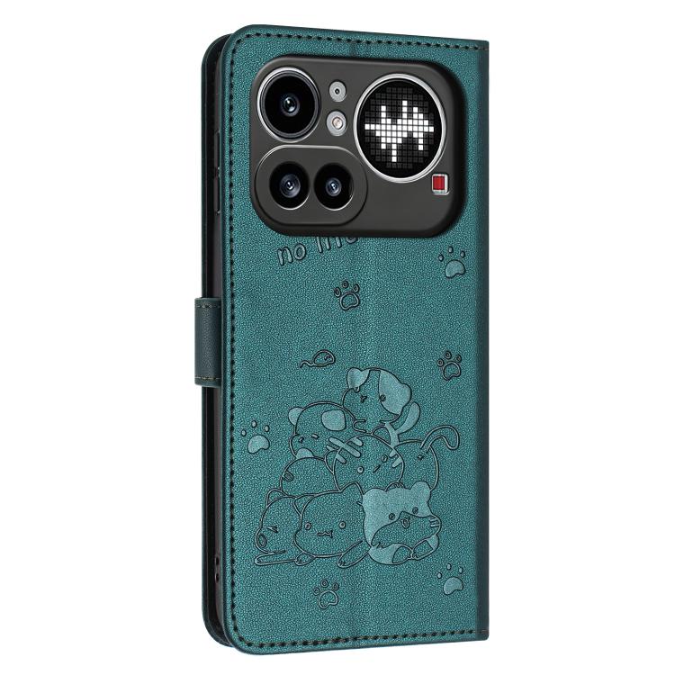 For Nothing Phone 4a Pro Embossed Kitten Phone Leather Case with Lanyard