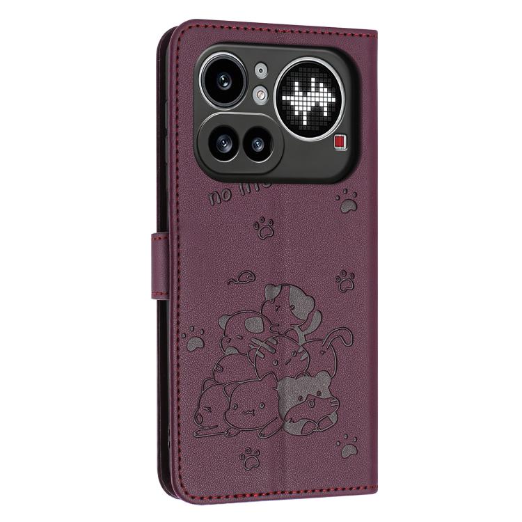 For Nothing Phone 4a Pro Embossed Kitten Phone Leather Case with Lanyard