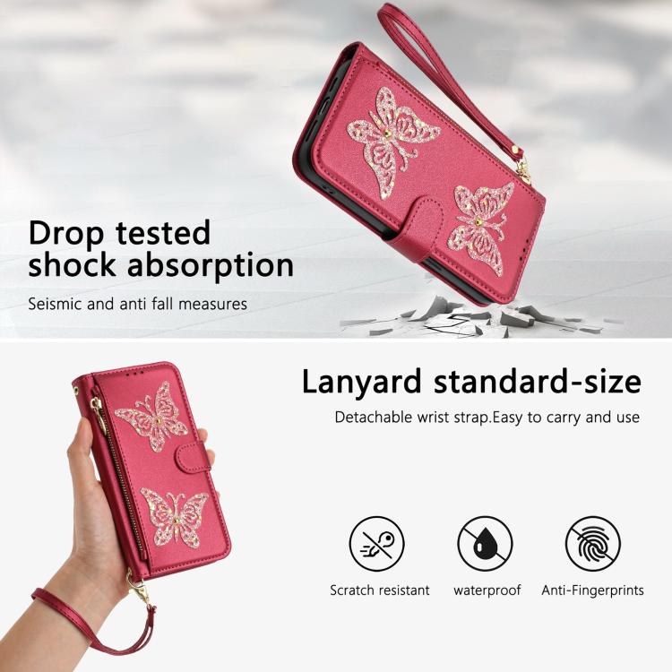 For Google Pixel 10a Glitter Butterfly Zipper Vegan Leather Phone Case with Wrist Strap