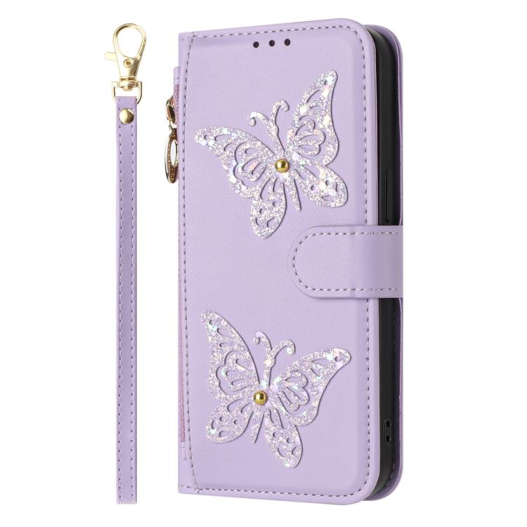 For Google Pixel 10a Glitter Butterfly Zipper Vegan Leather Phone Case with Wrist Strap