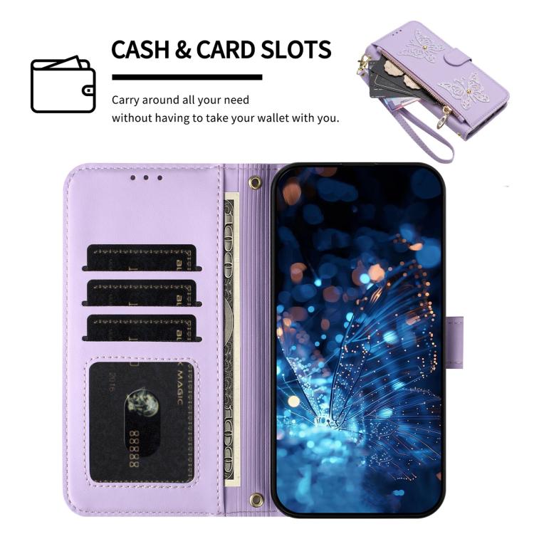 For Google Pixel 10a Glitter Butterfly Zipper Vegan Leather Phone Case with Wrist Strap
