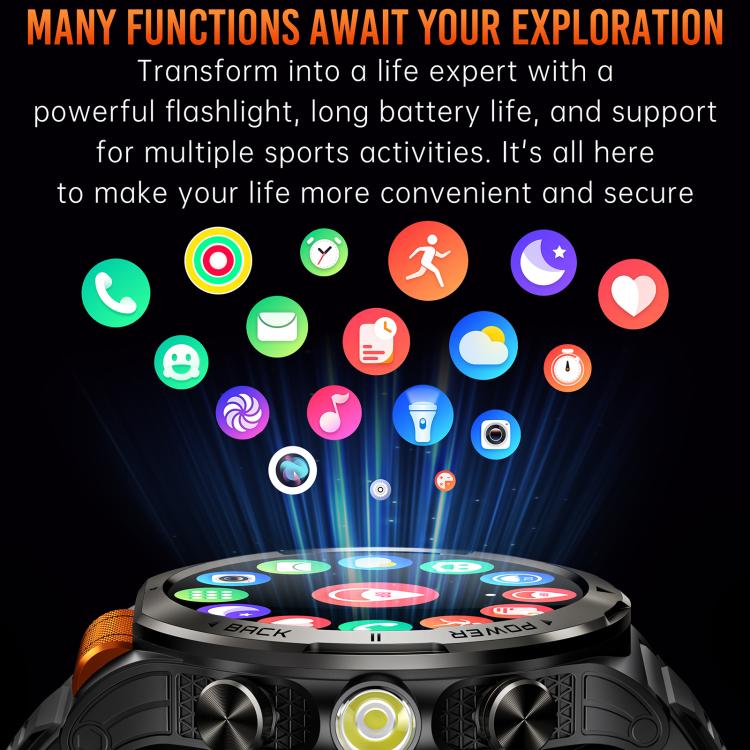 KT91 1.43 inch AMOLED Sports Smart Watch with Flashlight, Support Health Monitoring - Black