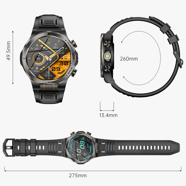 KT91 1.43 inch AMOLED Sports Smart Watch with Flashlight, Support Health Monitoring - Black