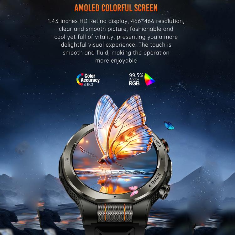 KT91 1.43 inch AMOLED Sports Smart Watch with Flashlight, Support Health Monitoring - Black