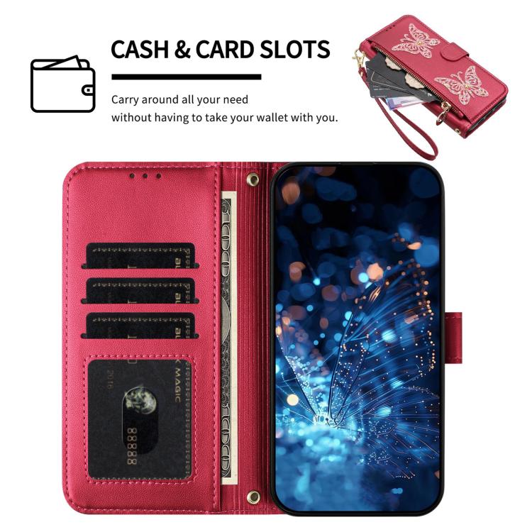 For iPhone 17e / 16e Glitter Butterfly Zipper Vegan Leather Phone Case with Wrist Strap
