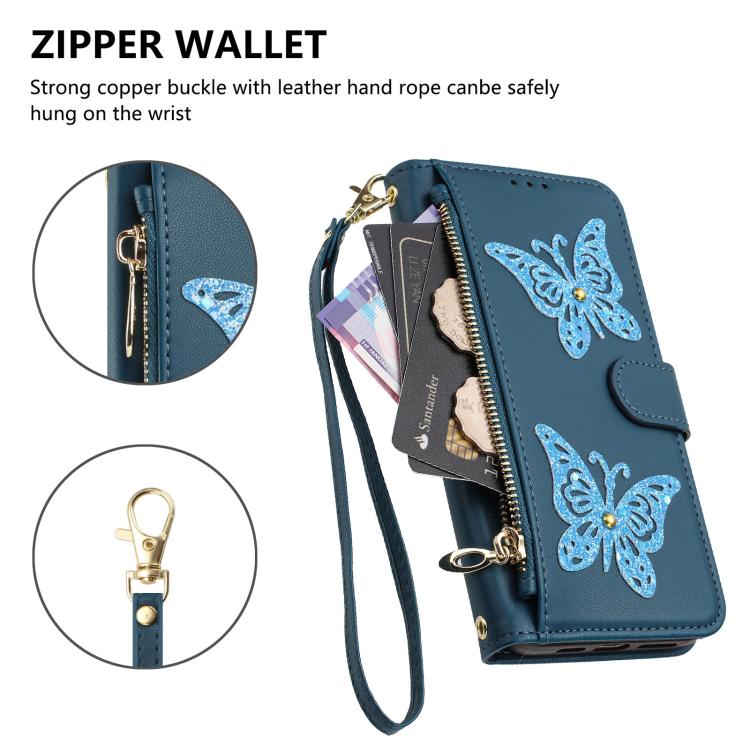 For iPhone 17e / 16e Glitter Butterfly Zipper Vegan Leather Phone Case with Wrist Strap