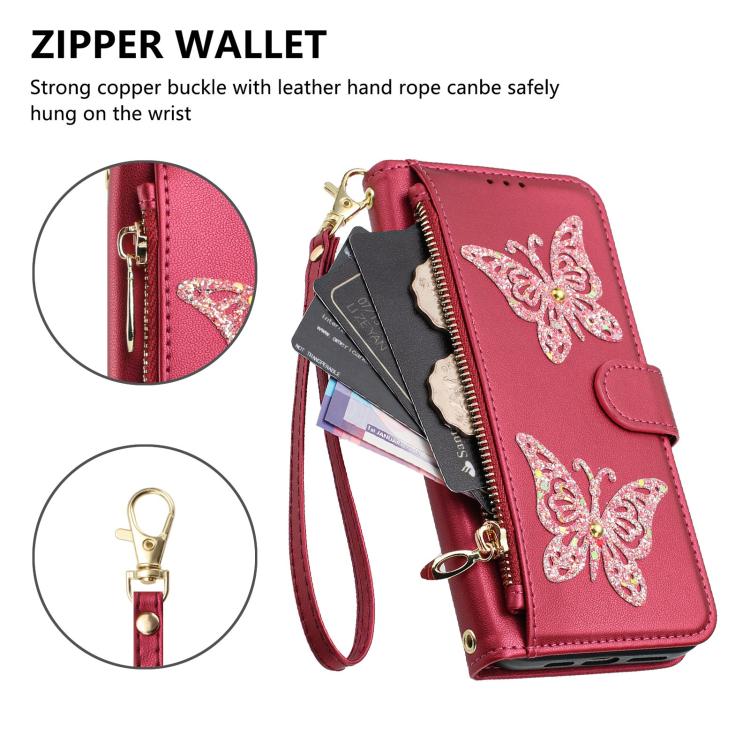 For iPhone 17 Pro Max Glitter Butterfly Zipper Vegan Leather Phone Case with Wrist Strap