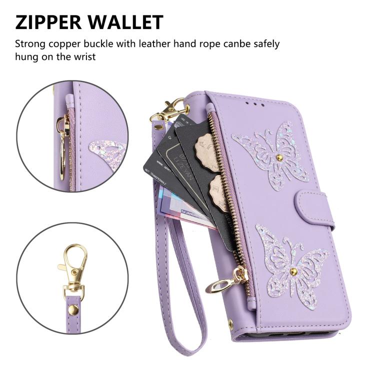 For iPhone 17 Pro Max Glitter Butterfly Zipper Vegan Leather Phone Case with Wrist Strap
