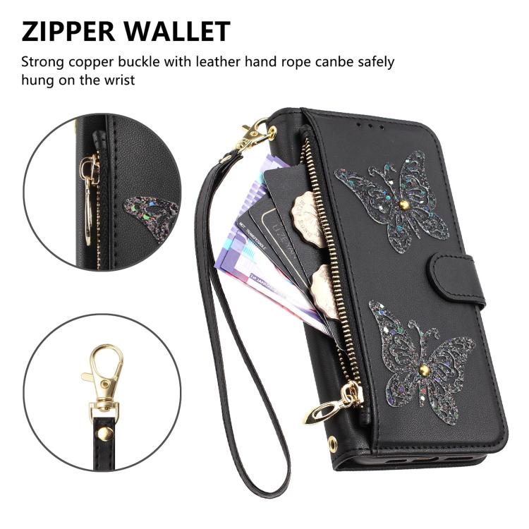 For iPhone 17 Pro Max Glitter Butterfly Zipper Vegan Leather Phone Case with Wrist Strap