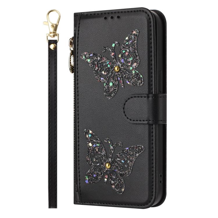 For iPhone 17 Glitter Butterfly Zipper Vegan Leather Phone Case with Wrist Strap