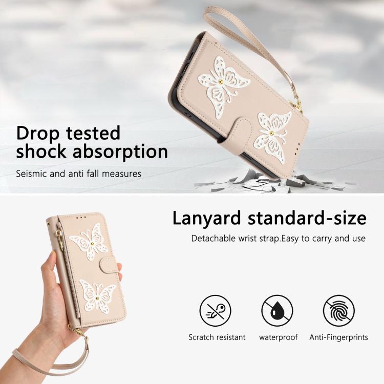 For iPhone 16 Pro Glitter Butterfly Zipper Vegan Leather Phone Case with Wrist Strap
