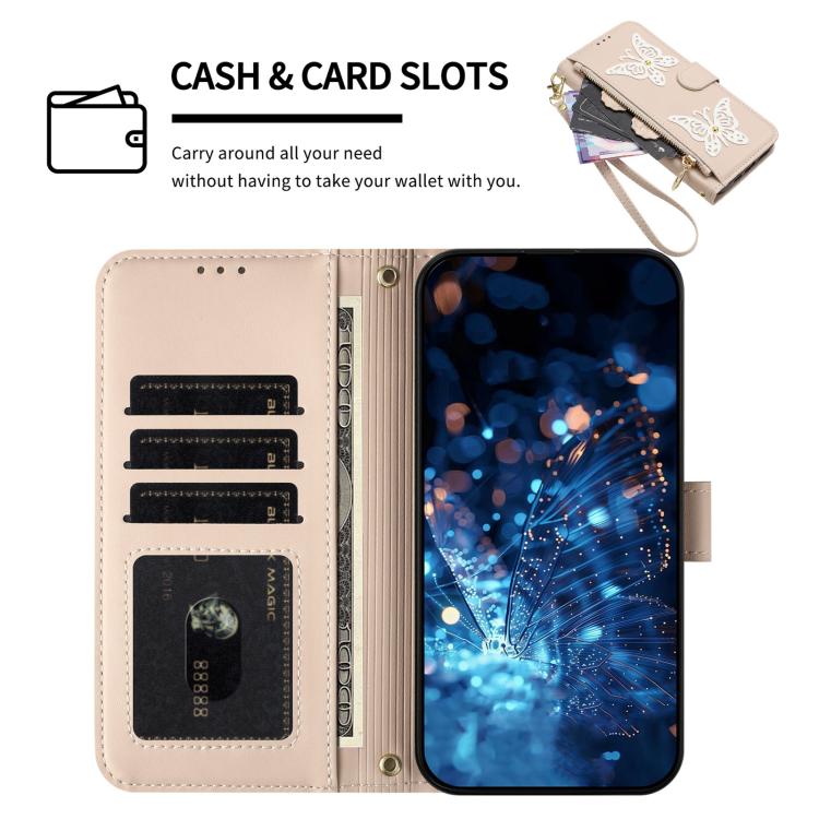 For iPhone 16 Plus Glitter Butterfly Zipper Vegan Leather Phone Case with Wrist Strap