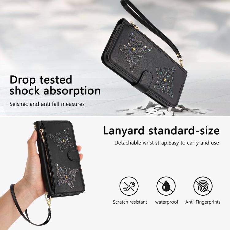 For iPhone 16 Plus Glitter Butterfly Zipper Vegan Leather Phone Case with Wrist Strap