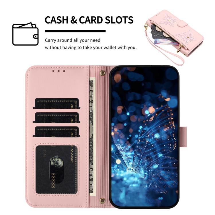 For iPhone 16 Glitter Butterfly Zipper Vegan Leather Phone Case with Wrist Strap