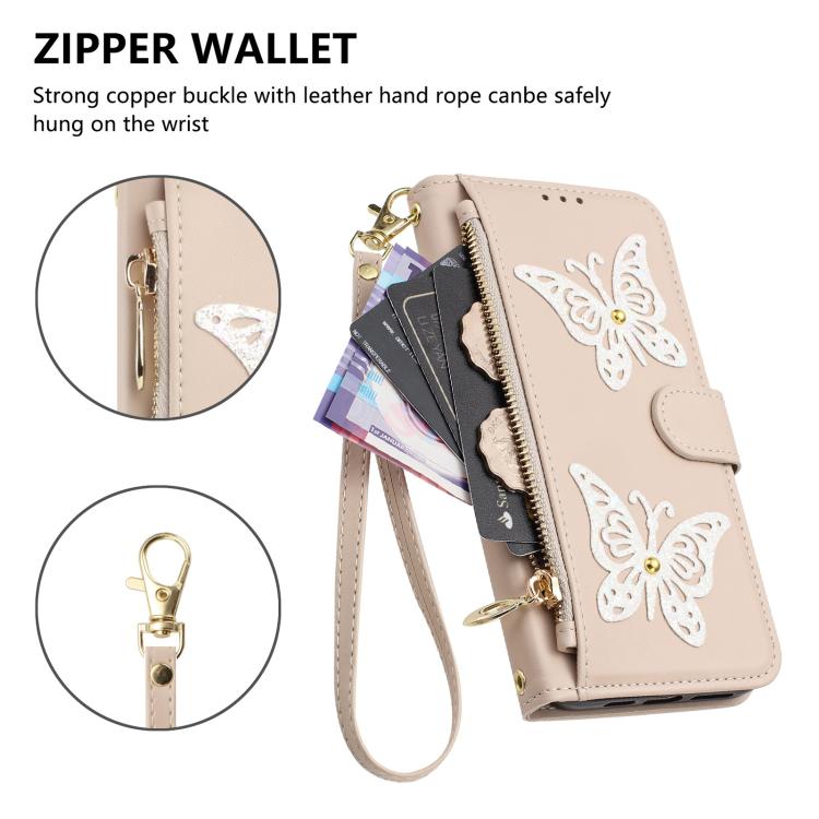 For iPhone 16 Glitter Butterfly Zipper Vegan Leather Phone Case with Wrist Strap