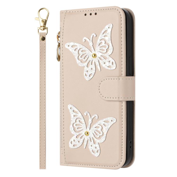 For iPhone 15 Pro Max Glitter Butterfly Zipper Vegan Leather Phone Case with Wrist Strap