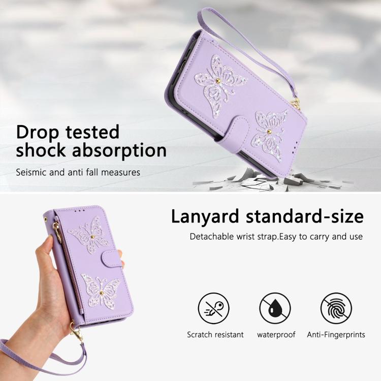 For iPhone 15 Plus / 14 Plus Glitter Butterfly Zipper Vegan Leather Phone Case with Wrist Strap