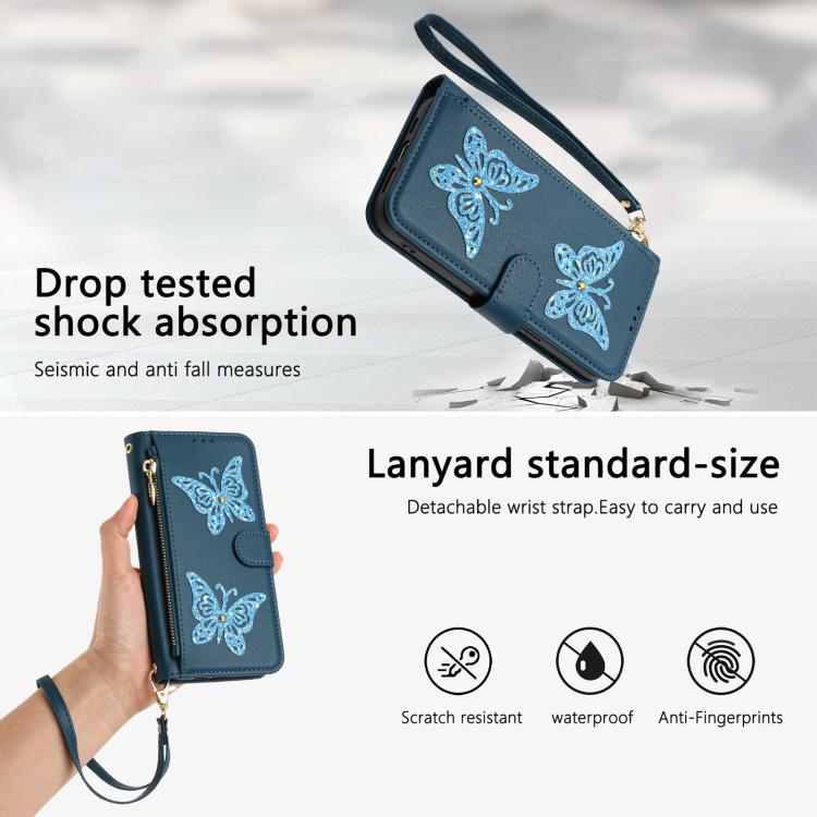 For iPhone 15 Glitter Butterfly Zipper Vegan Leather Phone Case with Wrist Strap