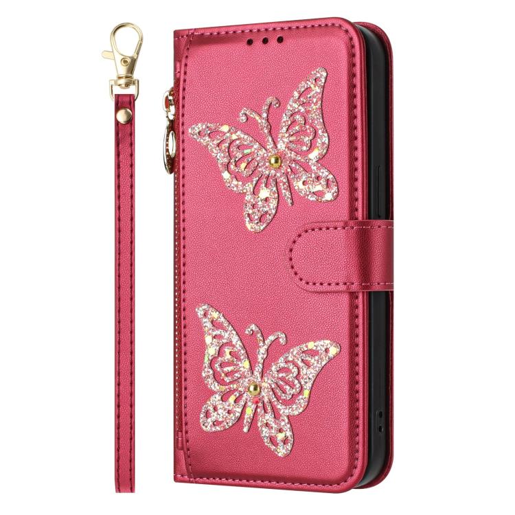 For iPhone 14 Pro Max Glitter Butterfly Zipper Vegan Leather Phone Case with Wrist Strap