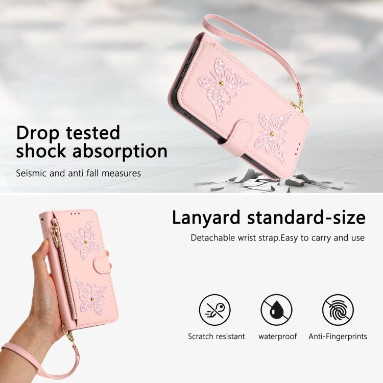 For iPhone 13 Pro Max Glitter Butterfly Zipper Vegan Leather Phone Case with Wrist Strap