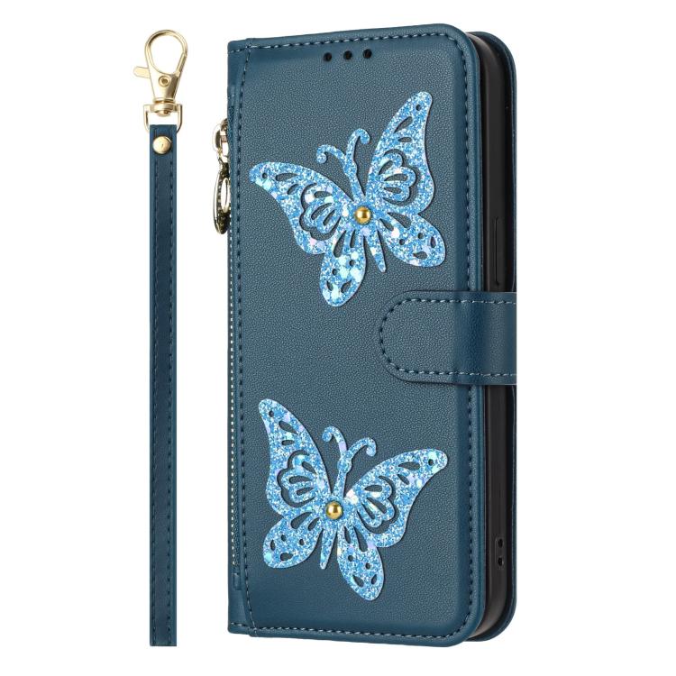 For iPhone 13 Pro Max Glitter Butterfly Zipper Vegan Leather Phone Case with Wrist Strap