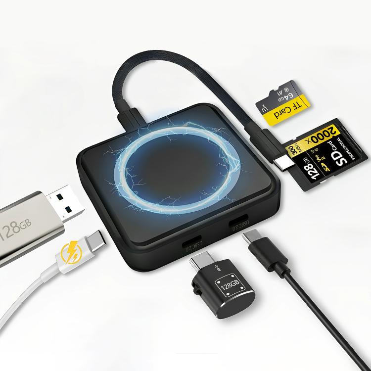 6 in 1 PD 100W, Dual Type-C, TF, SD Card, USB-A Port Multifunctional Magnetic HUB Dock Station - Black