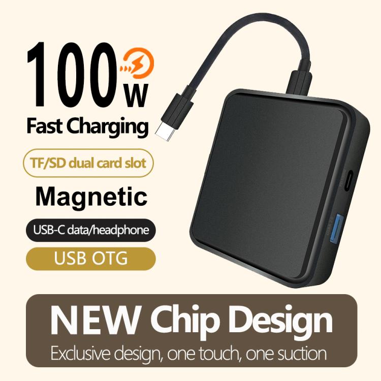 6 in 1 PD 100W, Dual Type-C, TF, SD Card, USB-A Port Multifunctional Magnetic HUB Dock Station - Black