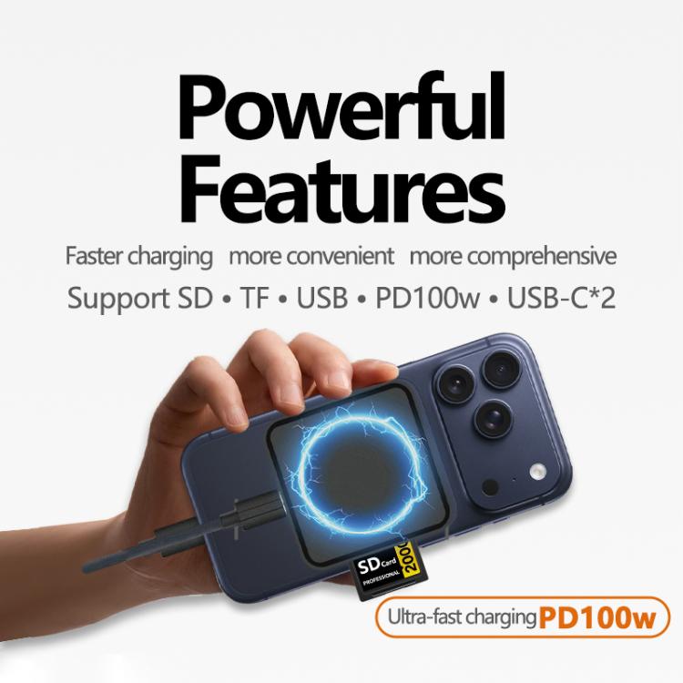 6 in 1 PD 100W, Dual Type-C, TF, SD Card, USB-A Port Multifunctional Magnetic HUB Dock Station - Black