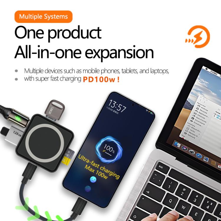 6 in 1 PD 100W, Dual Type-C, TF, SD Card, USB-A Port Multifunctional Magnetic HUB Dock Station - Black