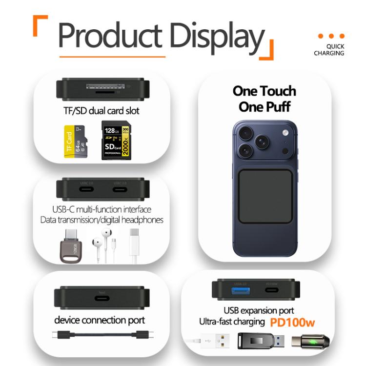 6 in 1 PD 100W, Dual Type-C, TF, SD Card, USB-A Port Multifunctional Magnetic HUB Dock Station - Black
