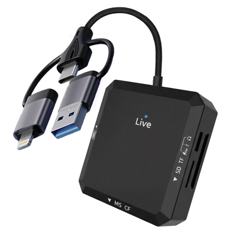USB, Type-C, 8 Pin to USB-A, Type-C, TF, SD, MS, CF Card Multifunctional Card Reader HUB Docking - Black