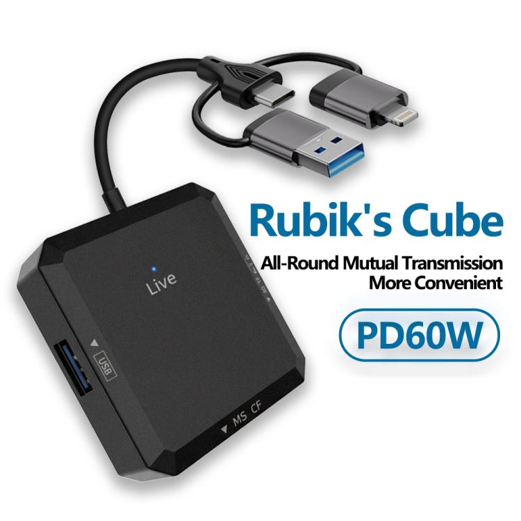 USB, Type-C, 8 Pin to USB-A, Type-C, TF, SD, MS, CF Card Multifunctional Card Reader HUB Docking - Black