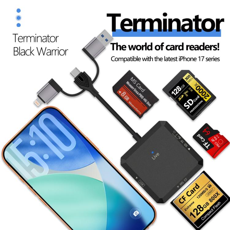 USB, Type-C, 8 Pin to USB-A, Type-C, TF, SD, MS, CF Card Multifunctional Card Reader HUB Docking - Black