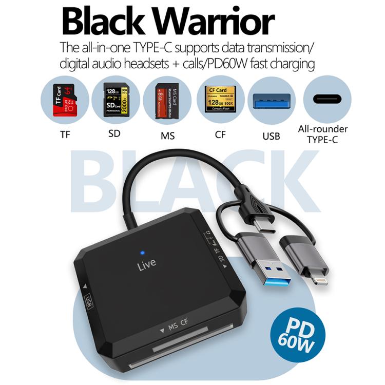 USB, Type-C, 8 Pin to USB-A, Type-C, TF, SD, MS, CF Card Multifunctional Card Reader HUB Docking - Black