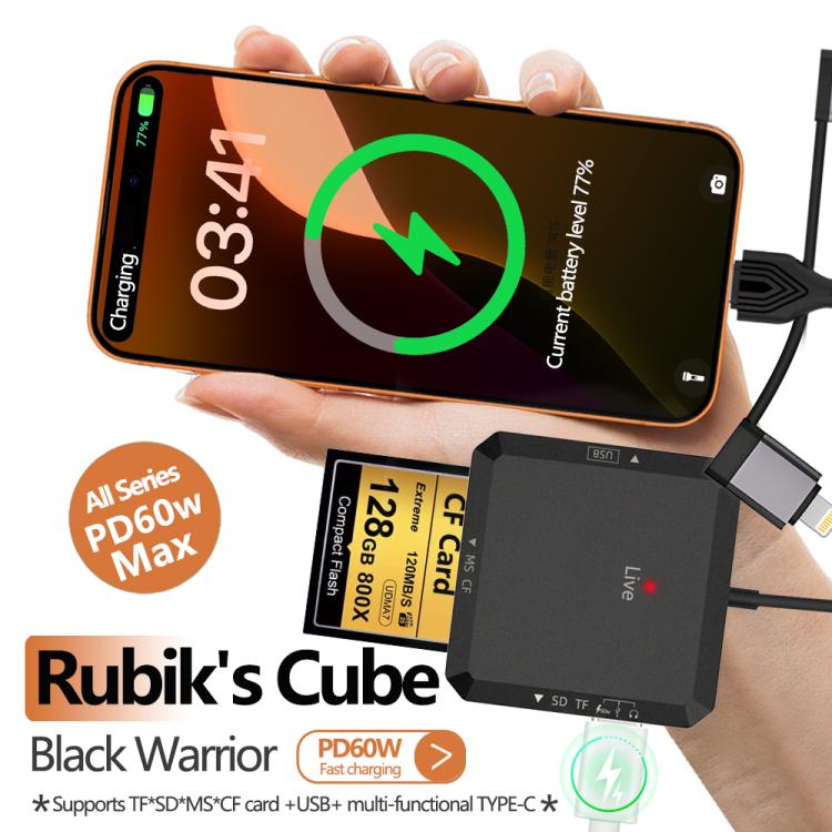 USB, Type-C, 8 Pin to USB-A, Type-C, TF, SD, MS, CF Card Multifunctional Card Reader HUB Docking - Black