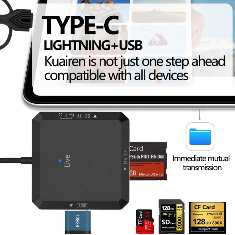 USB, Type-C, 8 Pin to USB-A, Type-C, TF, SD, MS, CF Card Multifunctional Card Reader HUB Docking - Black