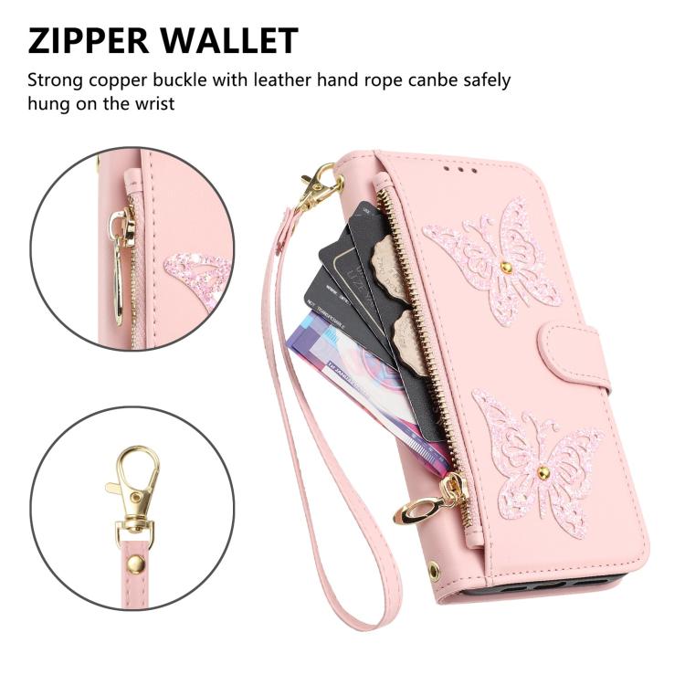 For Honor Magic8 Pro Glitter Butterfly Zipper Vegan Leather Phone Case with Wrist Strap