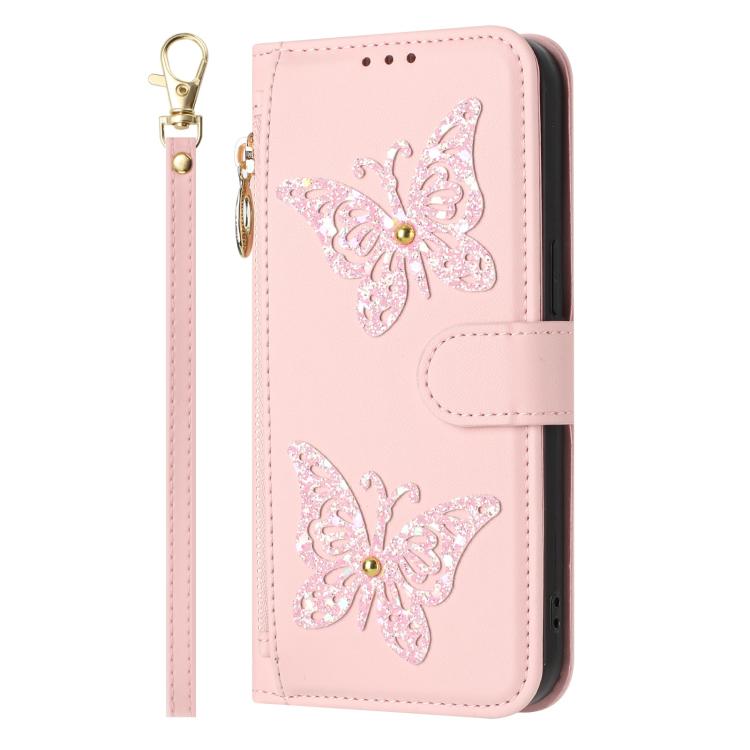 For Galaxy S23 5G Glitter Butterfly Zipper Vegan Leather Phone Case with Wrist Strap