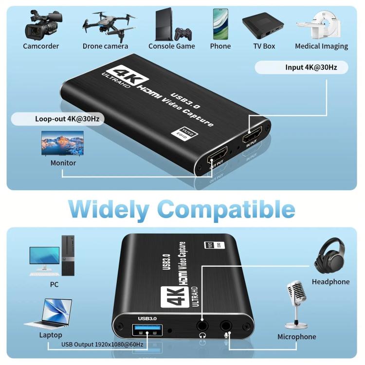 NK-S41 USB 3.0 HDMI 4Kp30 HD Video Capture Card Device - Black