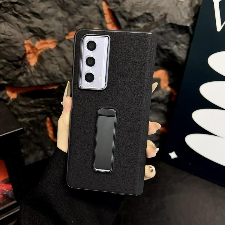 For Honor Magic Vs2 Metal Holder Vegan Leather Texture Phone Case - Black