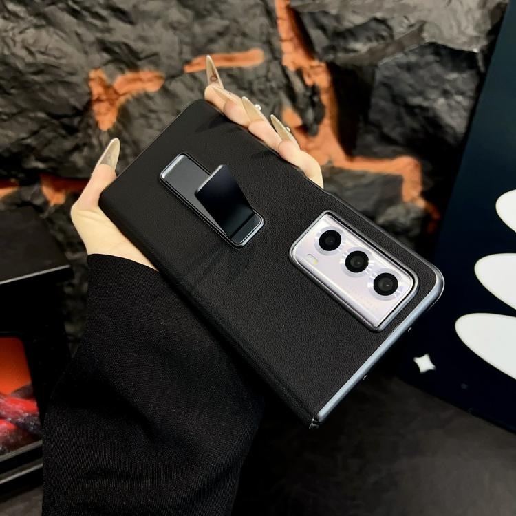 For Honor Magic Vs2 Metal Holder Vegan Leather Texture Phone Case - Black