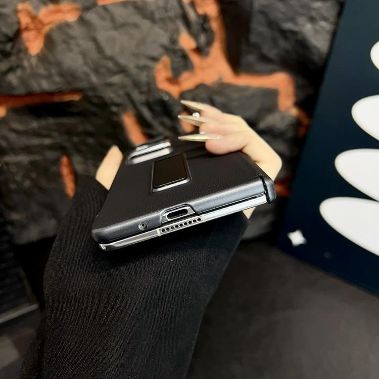 For Honor Magic Vs2 Metal Holder Vegan Leather Texture Phone Case - Black