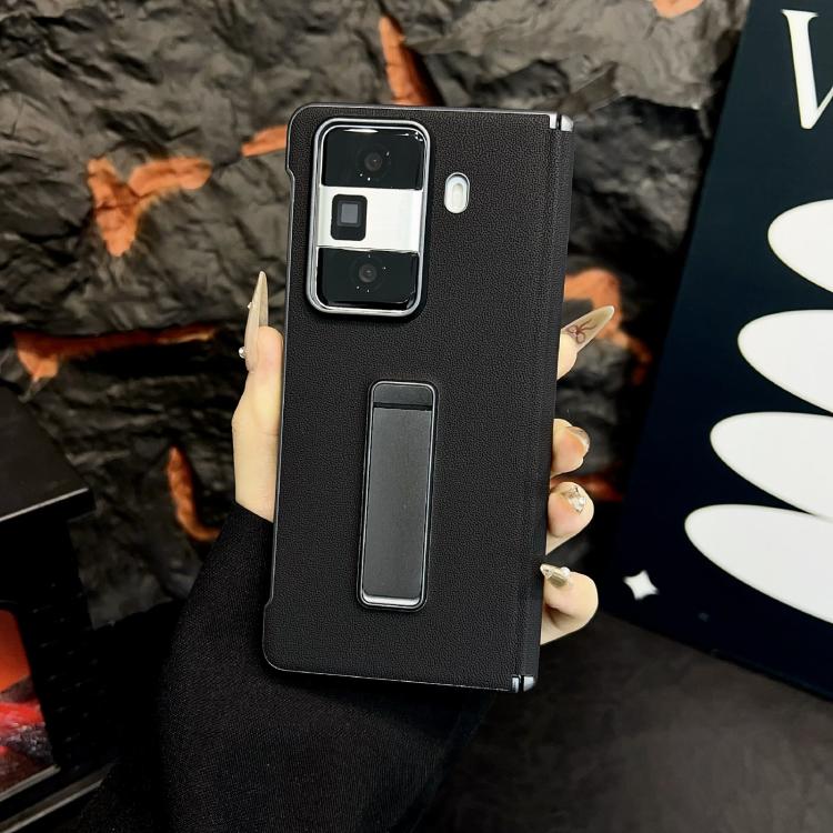For Honor Magic Vs3 Metal Holder Vegan Leather Texture Phone Case - Black