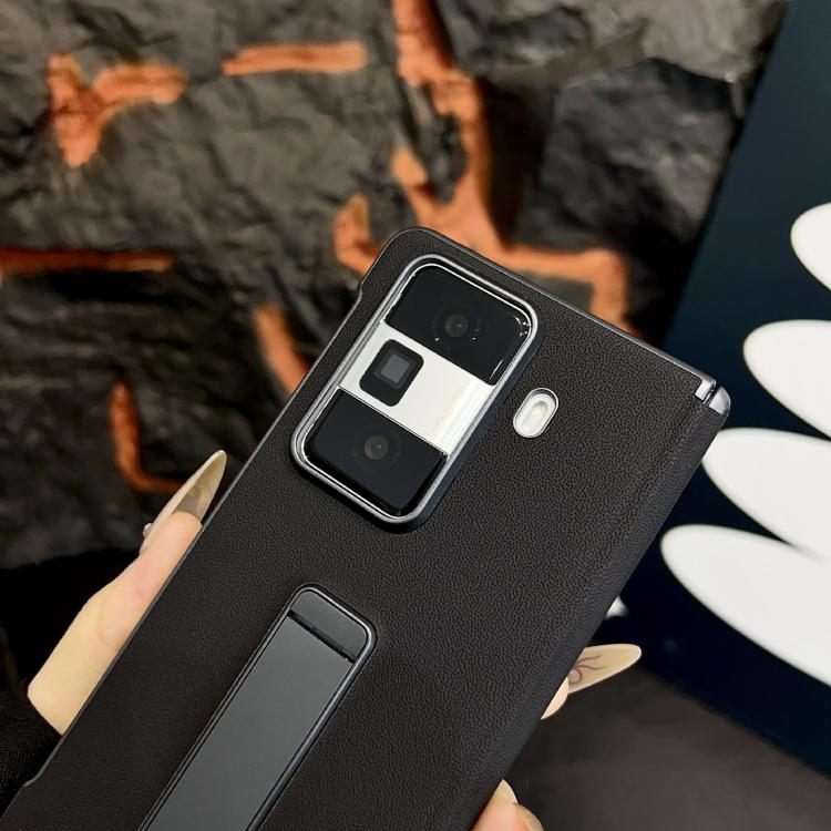 For Honor Magic Vs3 Metal Holder Vegan Leather Texture Phone Case - Black
