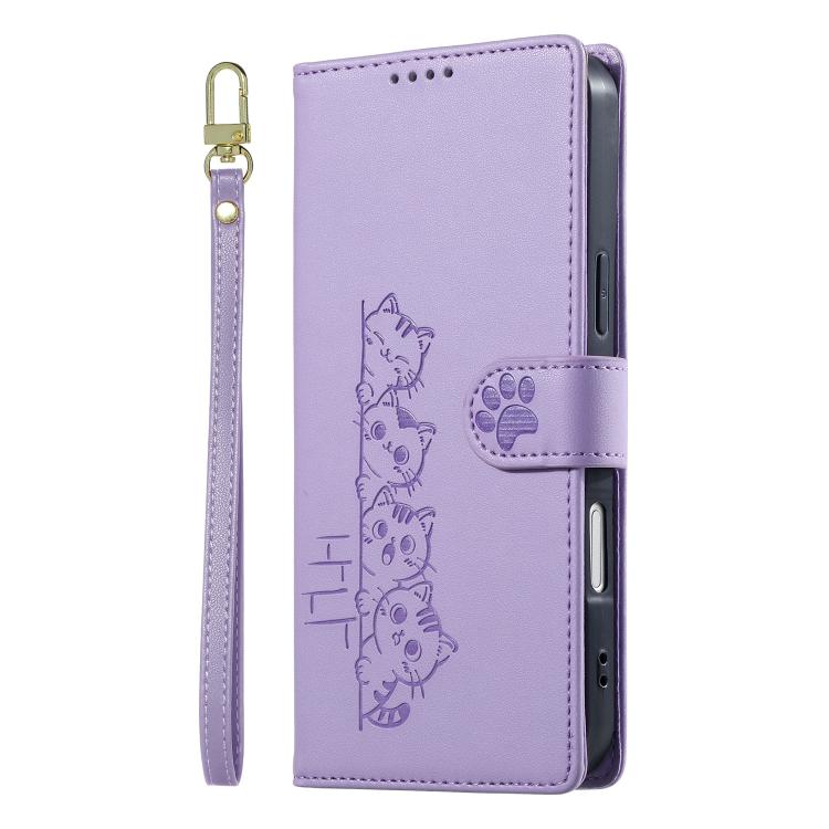 For iPhone 17 Pro Cute Cats Magnetic Closure Vegan Leather Phone Case with Strap