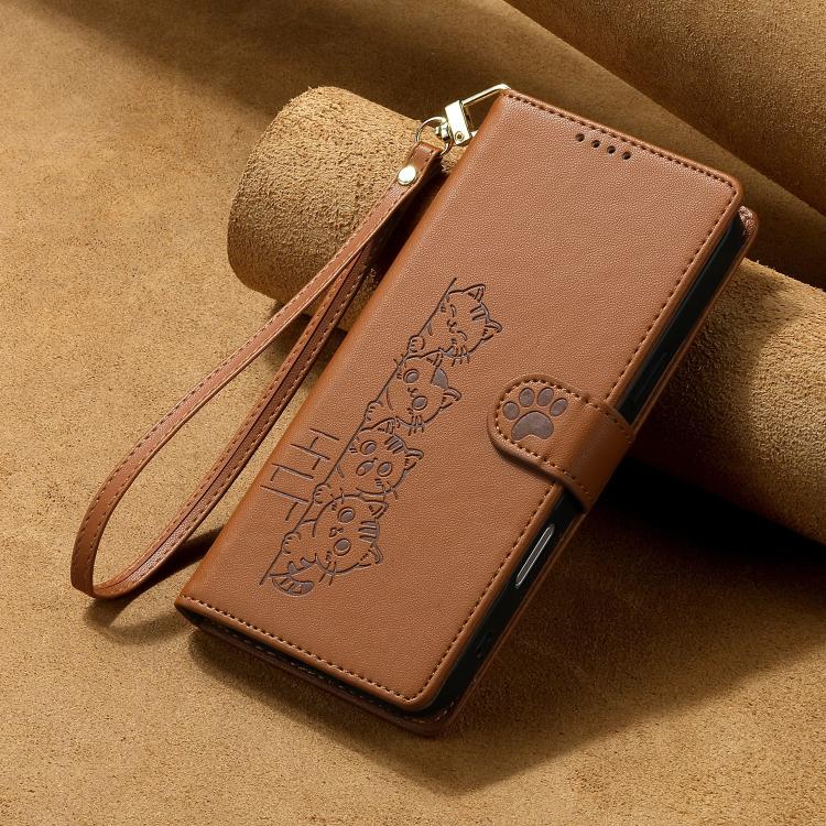 For iPhone 17 Pro Cute Cats Magnetic Closure Vegan Leather Phone Case with Strap