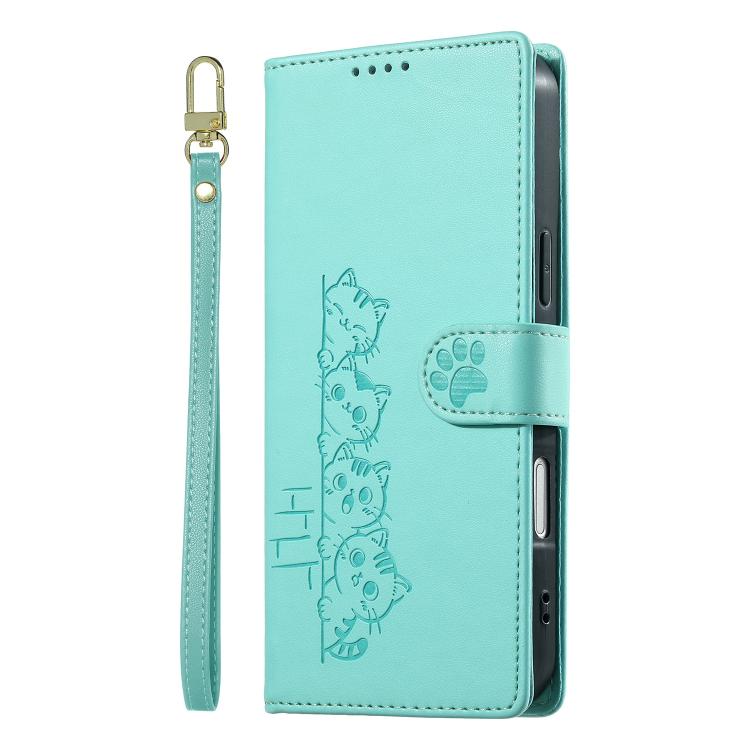 For iPhone 16 Pro Max Cute Cats Magnetic Closure Vegan Leather Phone Case with Strap
