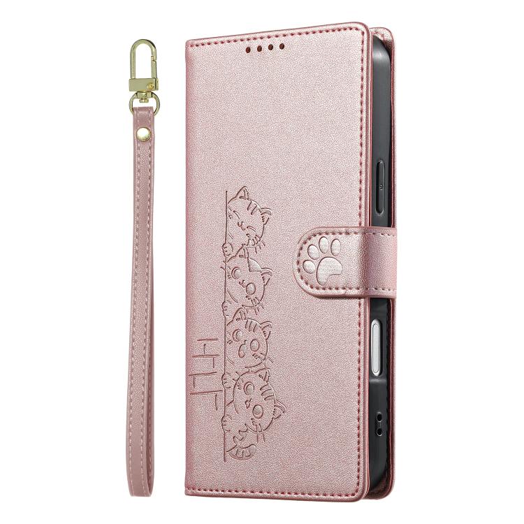 For iPhone 16 Pro Max Cute Cats Magnetic Closure Vegan Leather Phone Case with Strap